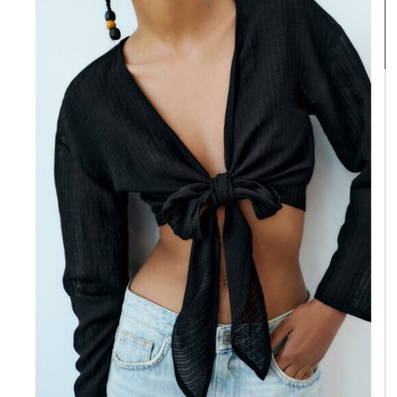 NWT Zara Sheer Black Collar Cropped Knot Tie Textured Top Swim Cover S New - Picture 1 of 15
